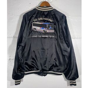 Vintage Greyhound Satin Jacket Black Embroidered Coach Bus Graphic Size L